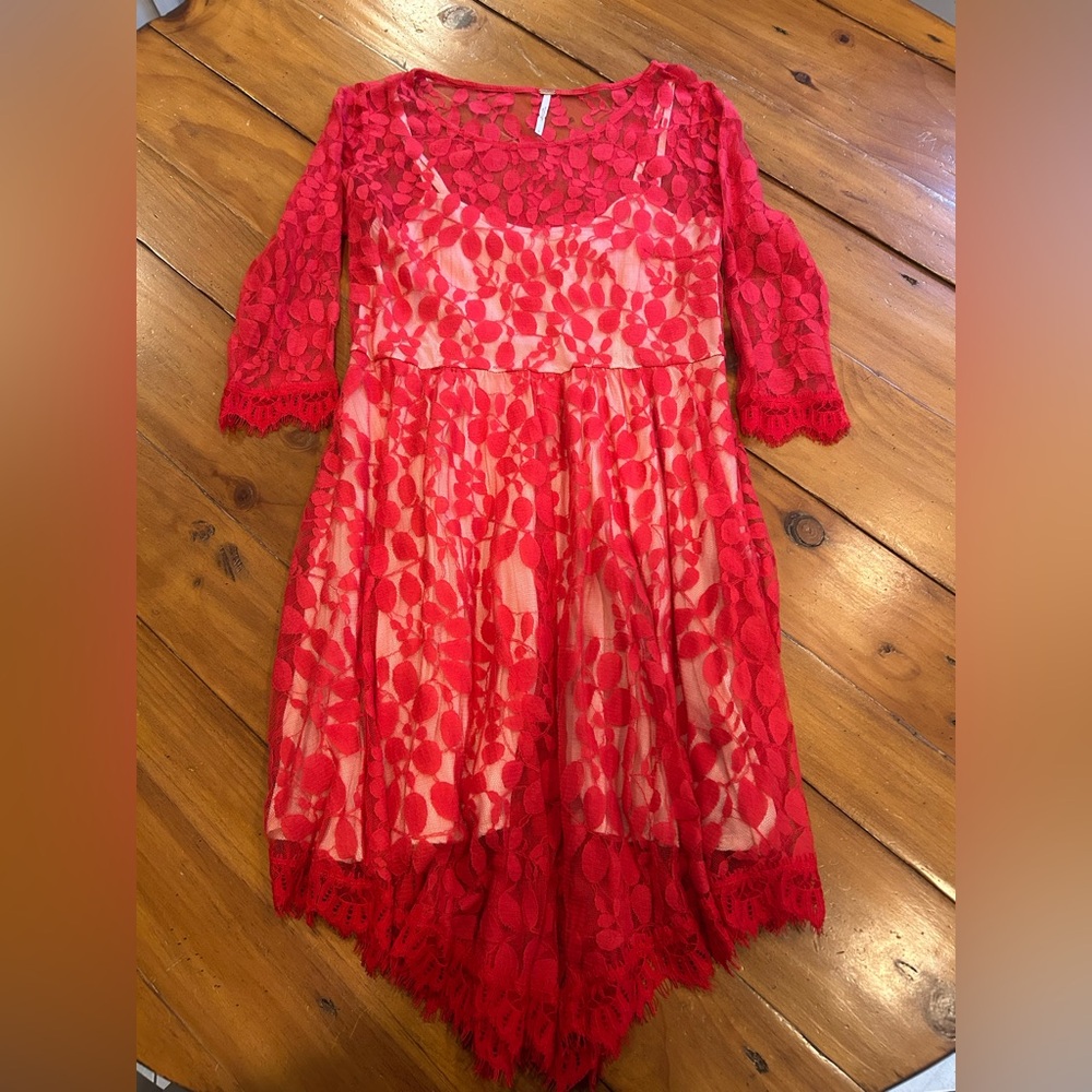Poppy red lace dress with white slip